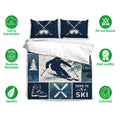 Skiing bedding set displayed with matching goggle pillowcases and mountain sports artwork