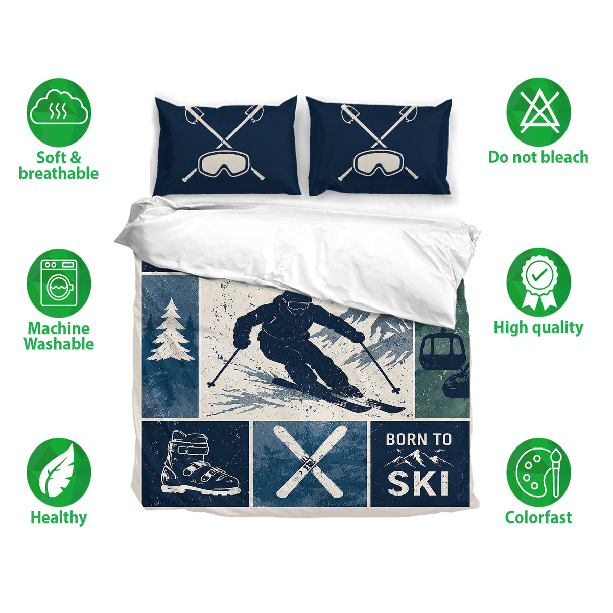 Skiing bedding set displayed with matching goggle pillowcases and mountain sports artwork