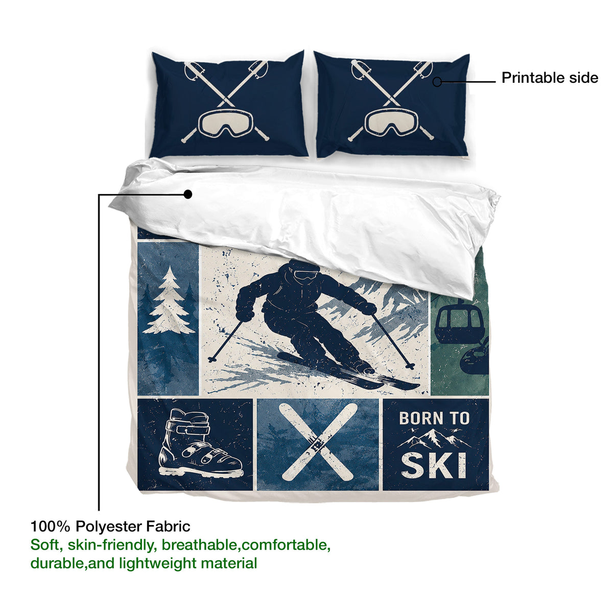 Skiing duvet cover set showing a skier design, crossed skis, mountain artwork, and navy tones