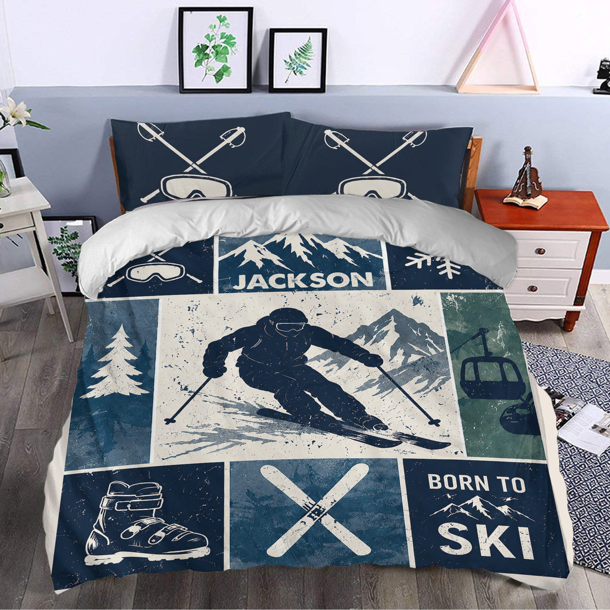 Skiing bedding displayed in a bedroom with skier, mountain, ski boot, and winter sports panels