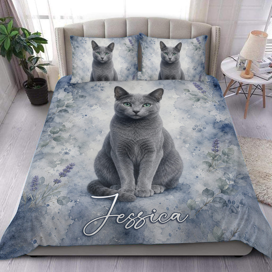 Russian Blue cat duvet cover set with watercolor blue foliage, paw prints, and matching pillowcases