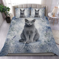 Russian Blue cat duvet cover set with watercolor blue foliage, paw prints, and matching pillowcases