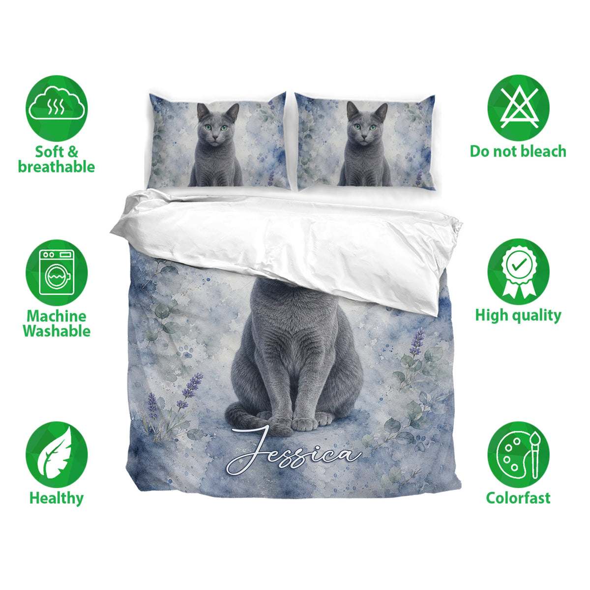 Russian Blue cat bedding set displayed with matching pillowcases and soft blue watercolor artwork
