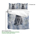 Russian Blue cat duvet cover with watercolor foliage design and matching pillowcases shown on a bed