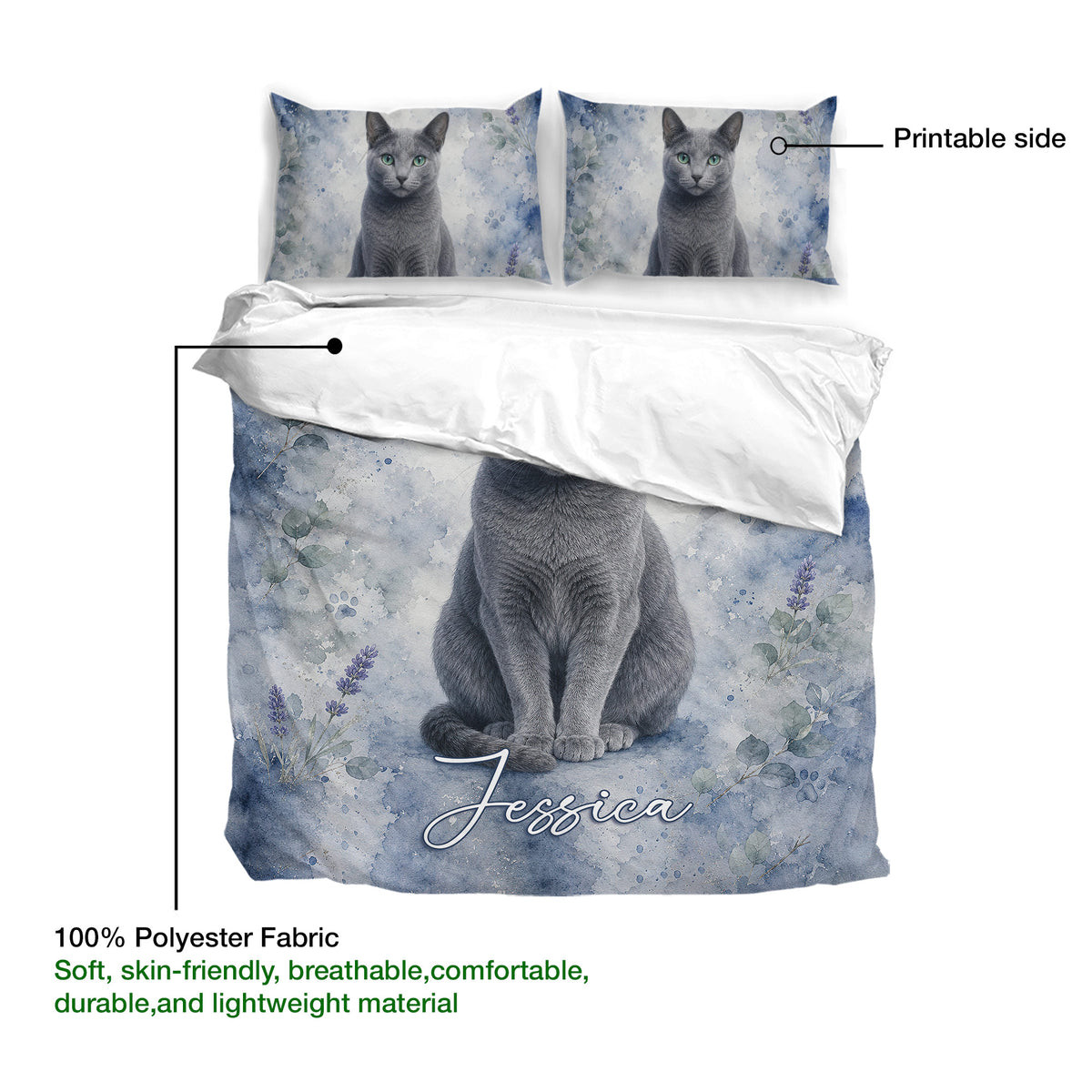 Russian Blue cat duvet cover with watercolor foliage design and matching pillowcases shown on a bed
