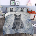 Russian Blue cat bedding in a bedroom, featuring blue botanical artwork and a large seated cat