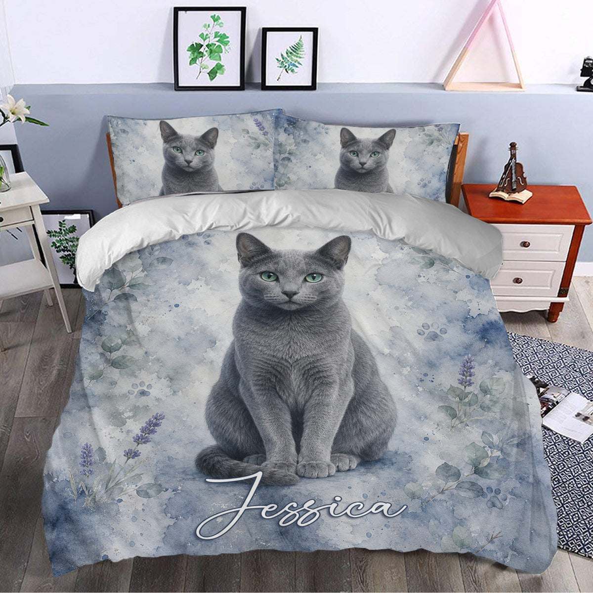 Russian Blue cat bedding in a bedroom, featuring blue botanical artwork and a large seated cat