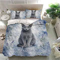 Russian Blue cat duvet cover set styled in a bright bedroom with matching cat pillowcases
