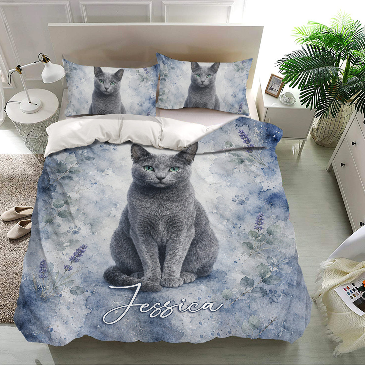 Russian Blue cat duvet cover set styled in a bright bedroom with matching cat pillowcases