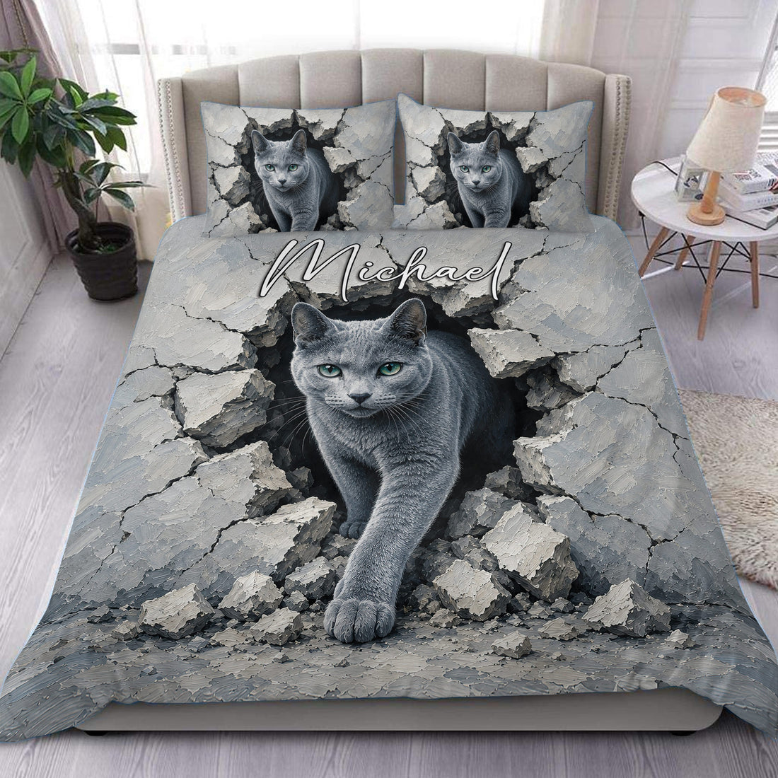 Russian Blue cat duvet cover set displayed on a modern bed with dramatic cracked stone artwork