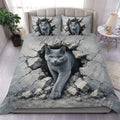 Russian Blue cat duvet cover set displayed on a modern bed with dramatic cracked stone artwork