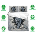 Russian Blue cat bedding set shown with matching pillowcases and soft breathable fabric feature icons