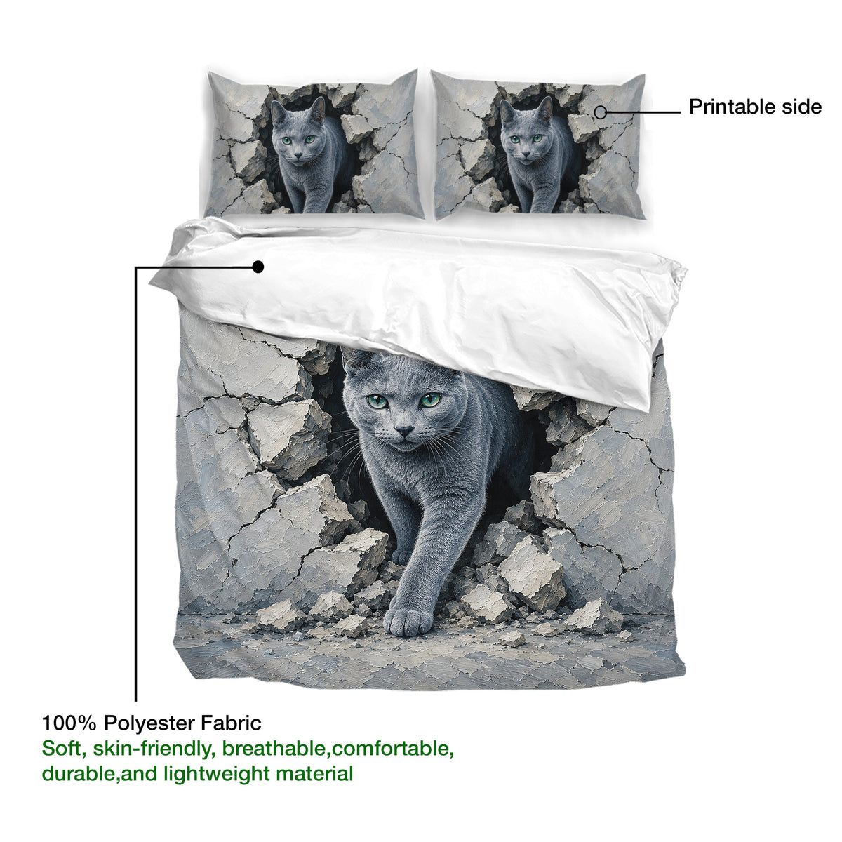 Russian Blue cat duvet cover artwork with printable side and 100% polyester fabric details