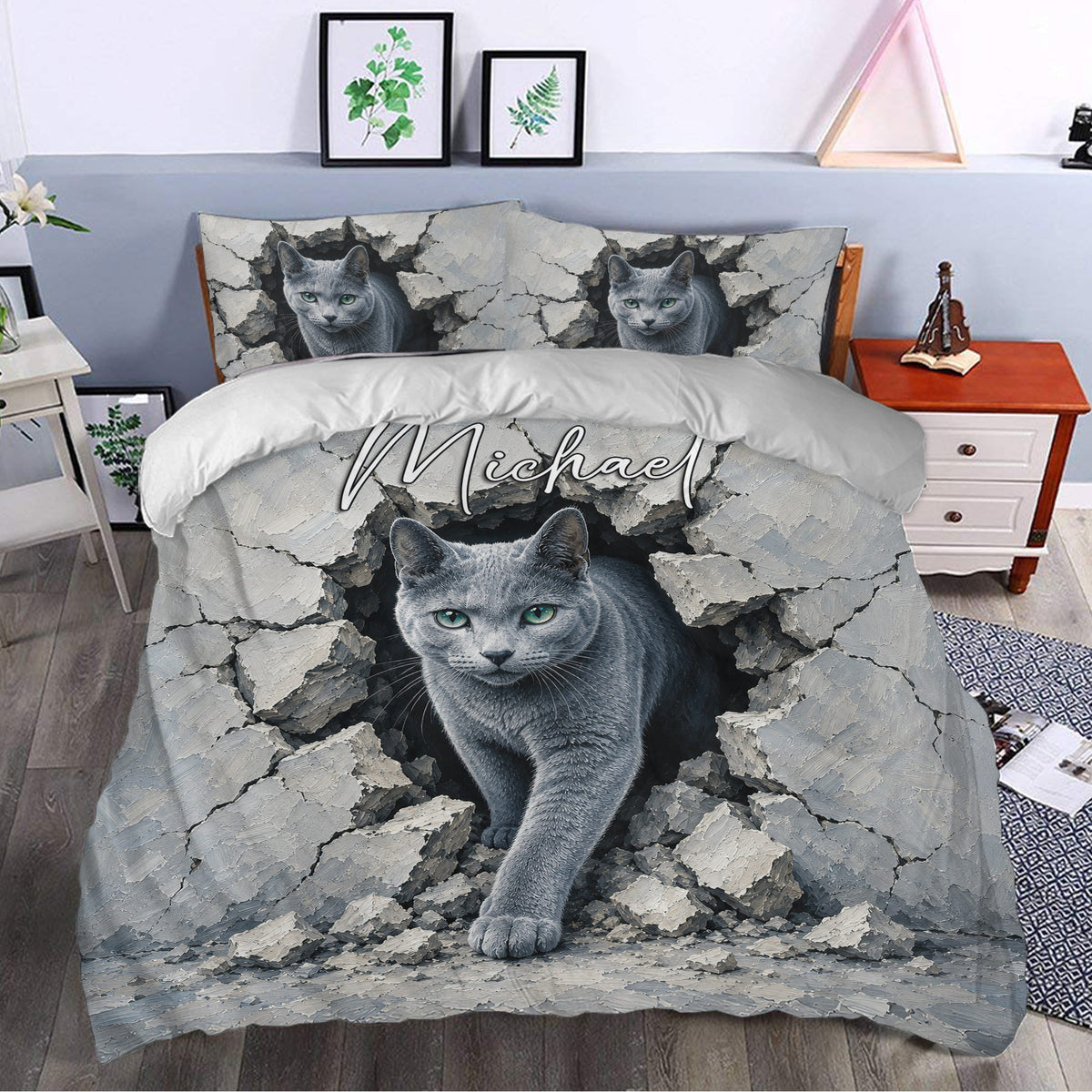 Russian Blue cat duvet cover styled in a contemporary bedroom with gray cracked stone artwork