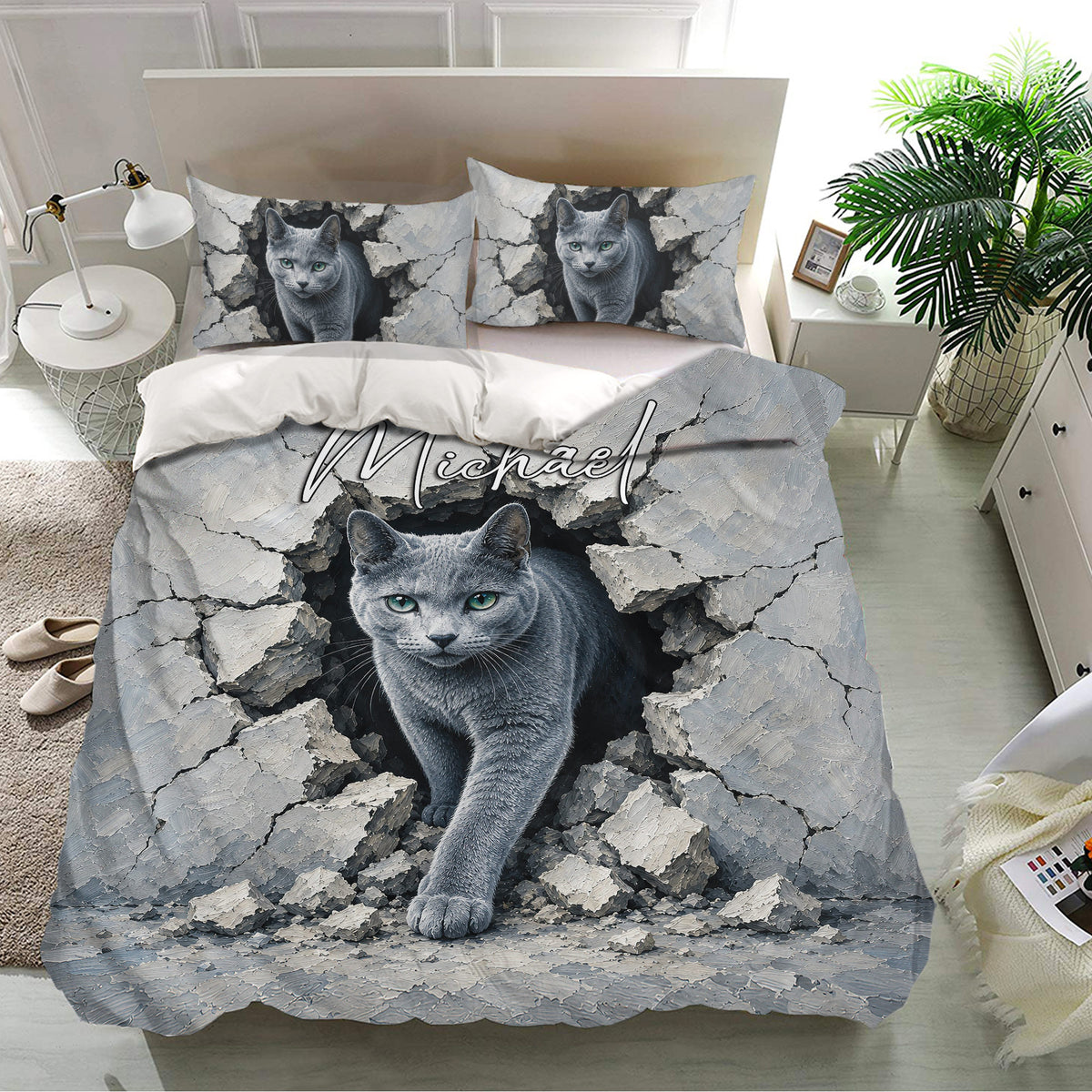 Russian Blue cat bedding set displayed in a bright bedroom with matching pillows and bold feline artwork