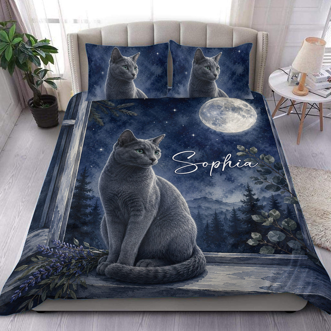 Russian Blue duvet cover set with moonlit cat artwork, deep blue stars, forest scenery, and matching pillowcases