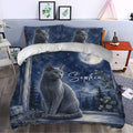 Russian Blue cat duvet cover styled in a bedroom with moonlit artwork, botanical accents, and matching pillows