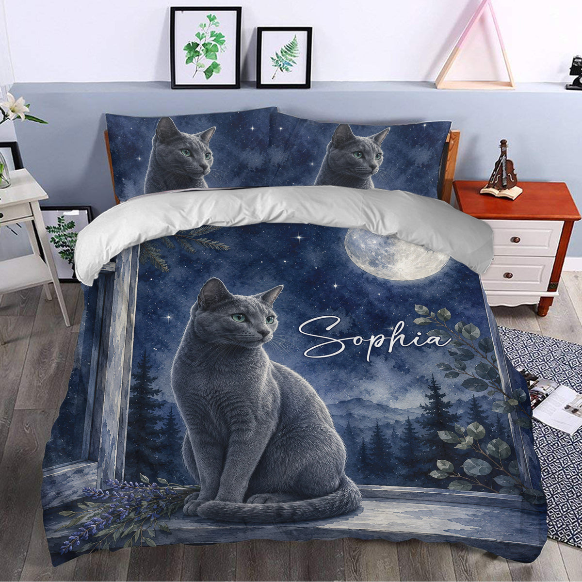 Russian Blue cat duvet cover styled in a bedroom with moonlit artwork, botanical accents, and matching pillows