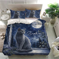 Russian Blue duvet cover bedding set presented in a bright bedroom with starry night cat artwork
