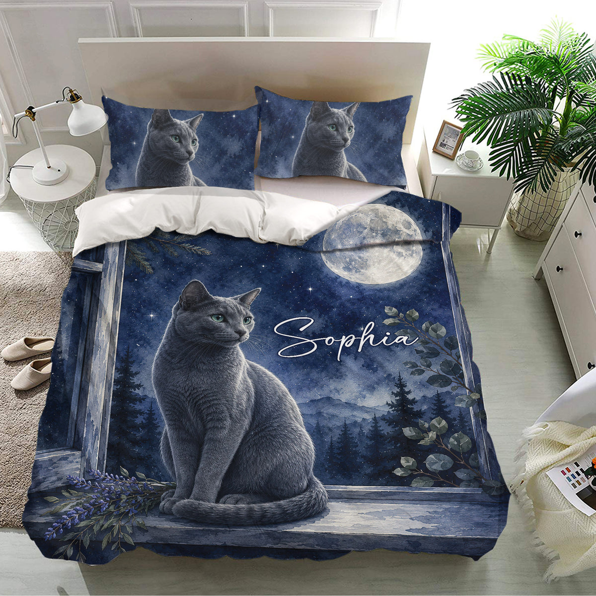 Russian Blue duvet cover bedding set presented in a bright bedroom with starry night cat artwork