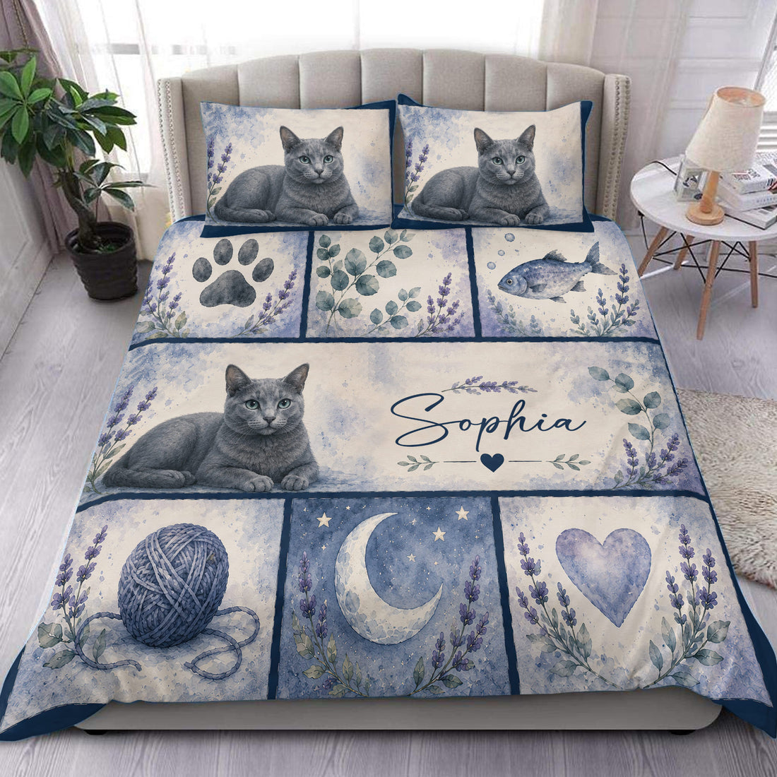 Russian Blue cat duvet cover bedding set with lavender sprigs, moon motifs, yarn, and heart details