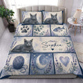Russian Blue cat duvet cover bedding set with lavender sprigs, moon motifs, yarn, and heart details