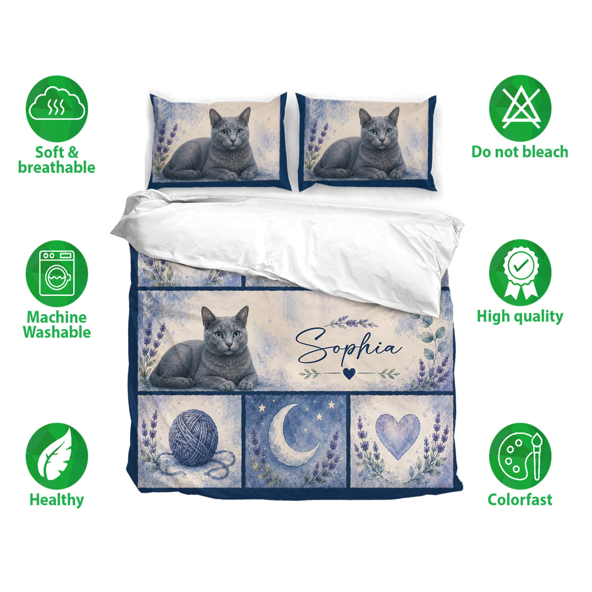 Russian Blue cat bedding set presented with matching pillowcases and watercolor-inspired blue artwork