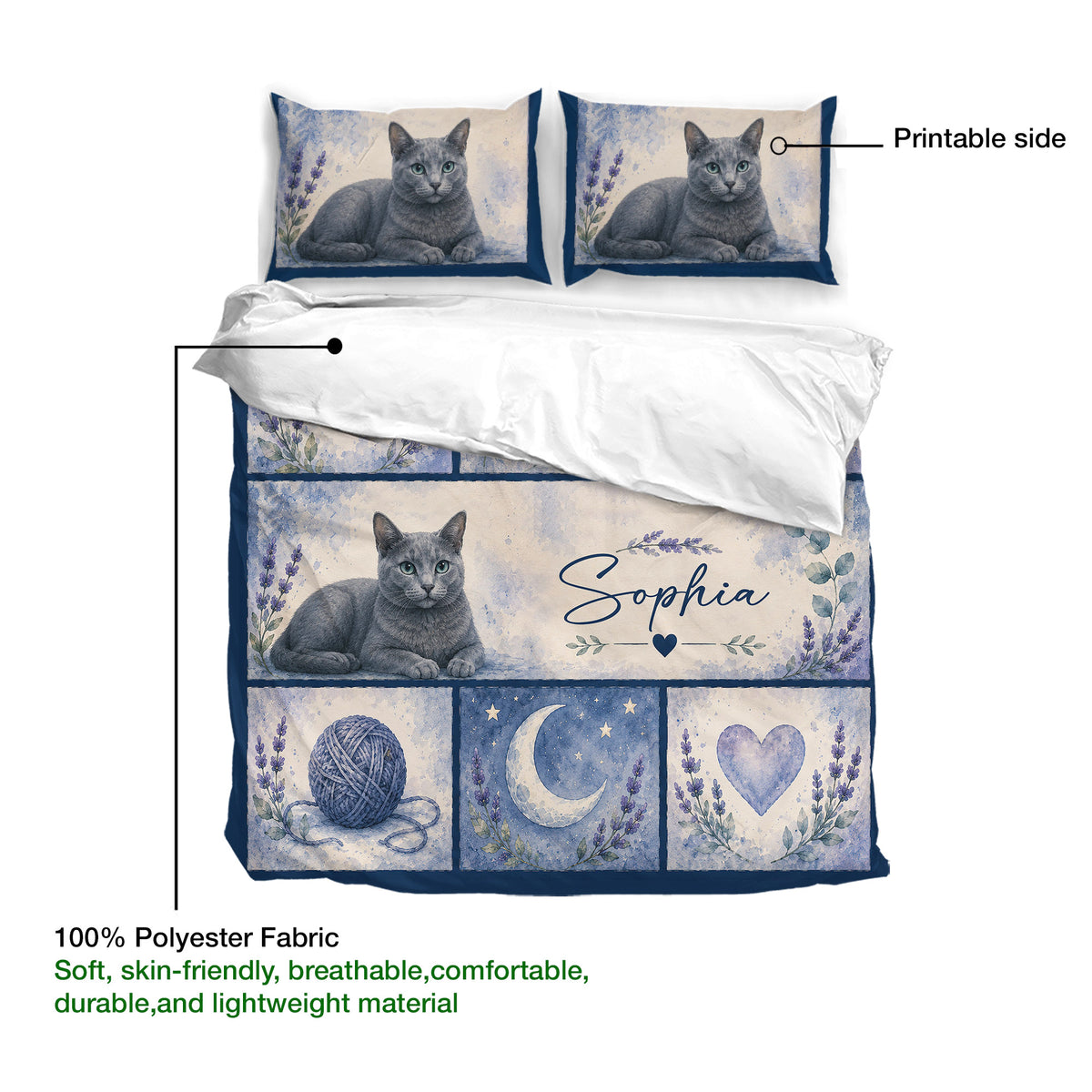 Russian Blue cat duvet cover set shown with matching pillowcases and a soft watercolor artwork layout
