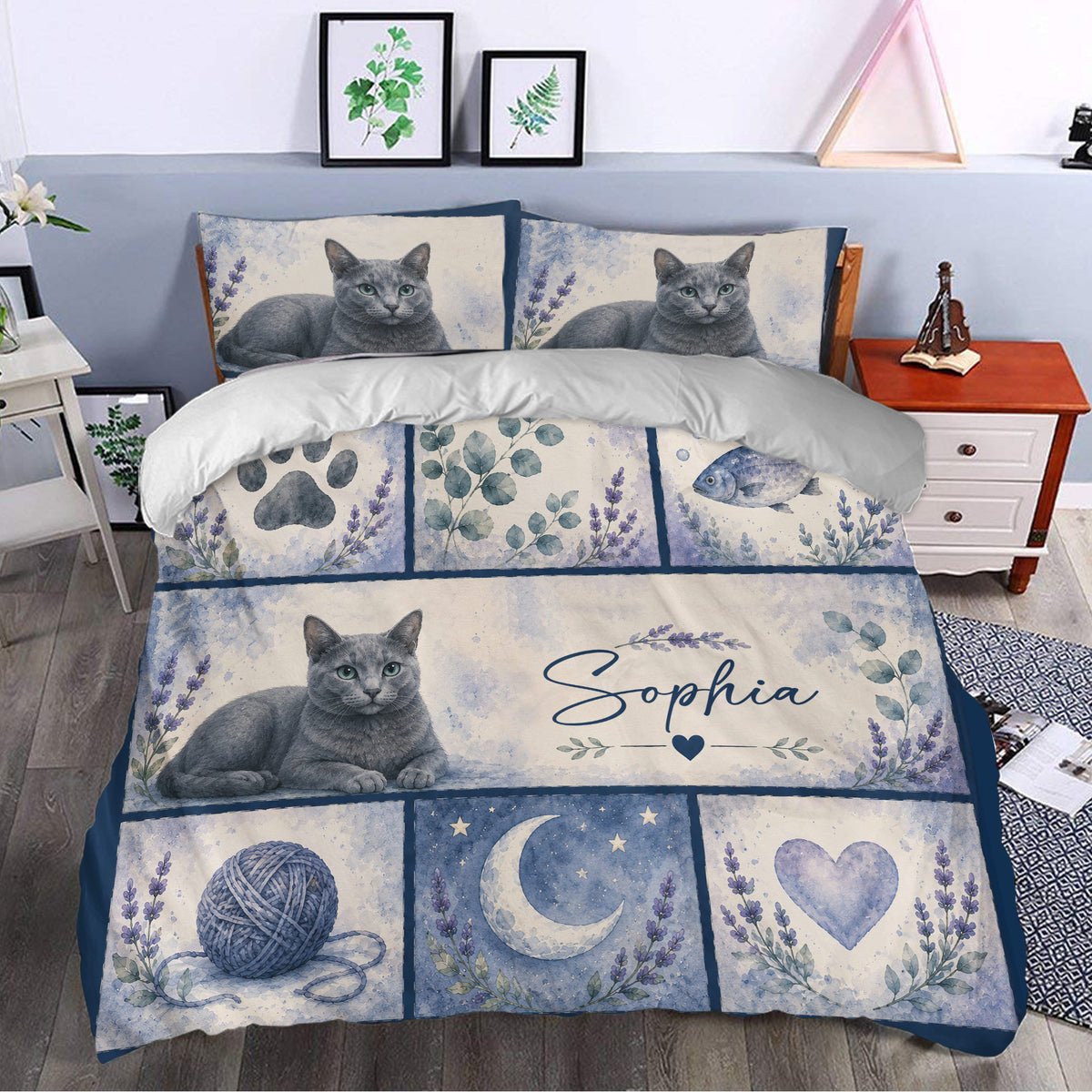 Russian Blue cat duvet cover bedding set styled in a serene bedroom with lavender botanical accents