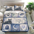 Russian Blue cat bedding set displayed in a bright bedroom with blue watercolor panels and matching pillows