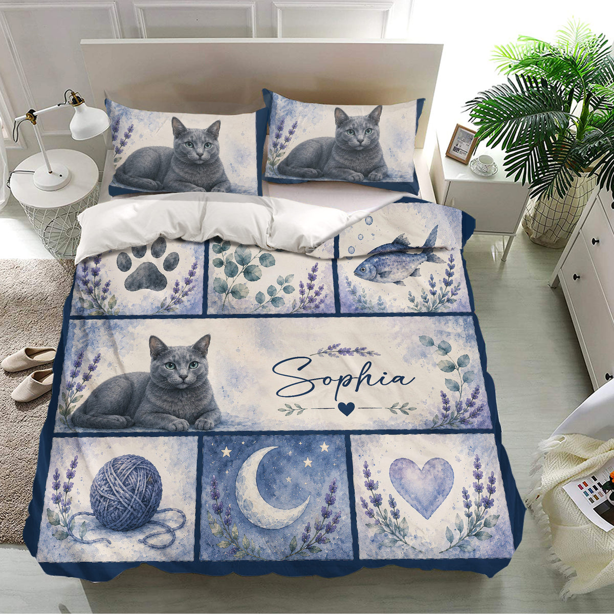 Russian Blue cat bedding set displayed in a bright bedroom with blue watercolor panels and matching pillows