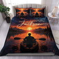 Custom kayak duvet cover set with a sunset lake, mountain, and paddler design on a bedroom bed