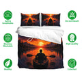 Kayak duvet cover bedding set shown with matching pillowcases and a vivid sunset lake scene