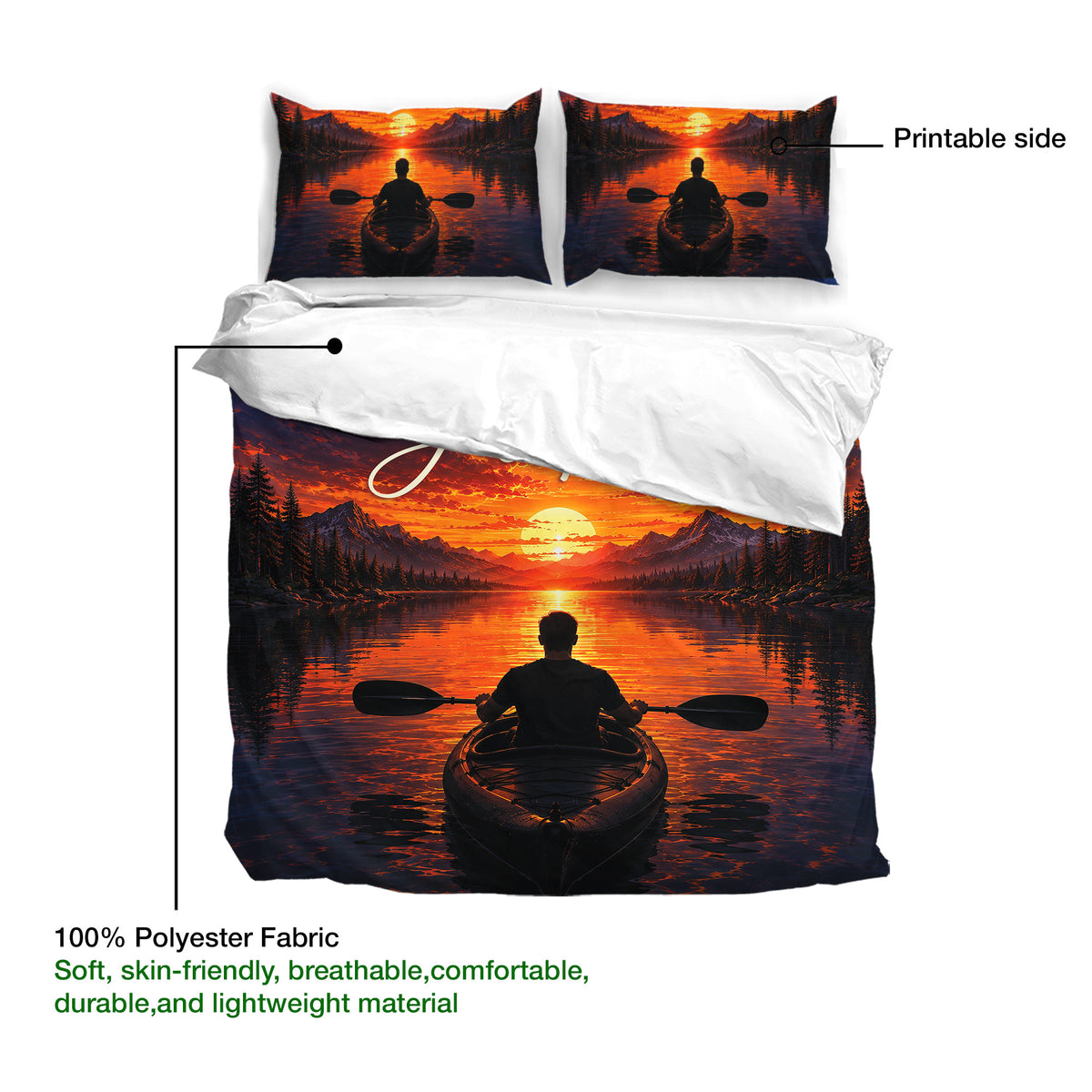 Kayak duvet cover set featuring a printable sunset lake design on soft polyester fabric