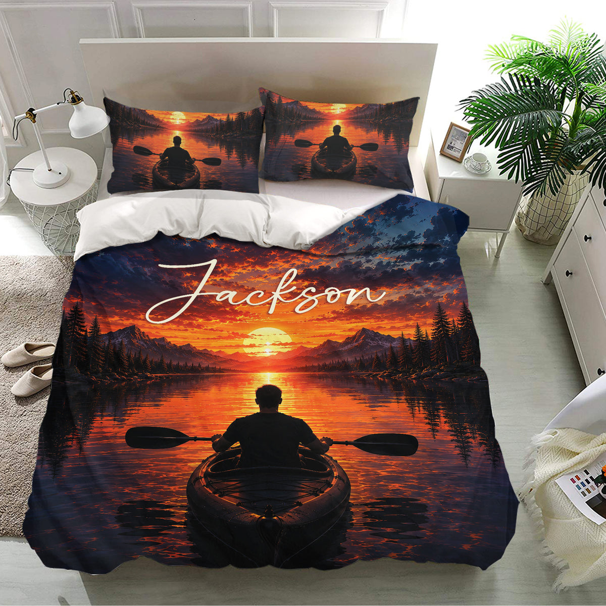 Kayak duvet cover bedding set displayed in a bright bedroom with matching lake scene pillowcases
