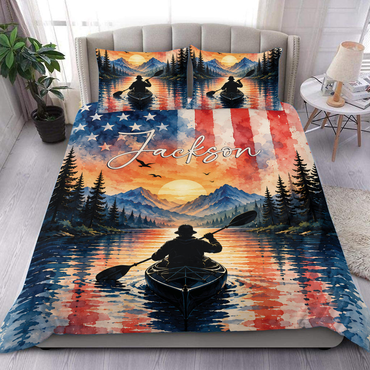 Kayak duvet cover bedding set displayed on a bed with a paddler, mountain lake, sunset, and pine forest artwork