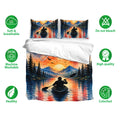 Kayak bedding set presentation with matching lake scene pillowcases, vivid colors, and soft breathable fabric callouts
