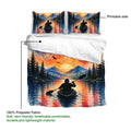 Kayak duvet cover bedding set shown with a soft breathable polyester fabric callout and printed lake artwork