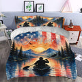 Kayak duvet cover styled in a bedroom with mountain lake, sunset, pine forest, and paddler artwork