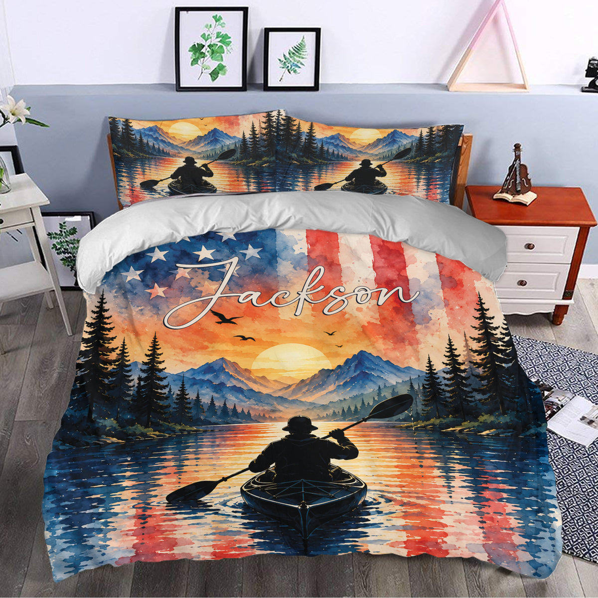 Kayak duvet cover styled in a bedroom with mountain lake, sunset, pine forest, and paddler artwork