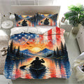 Kayak bedding set on a modern bed featuring a colorful sunset lake scene and matching paddler pillowcases