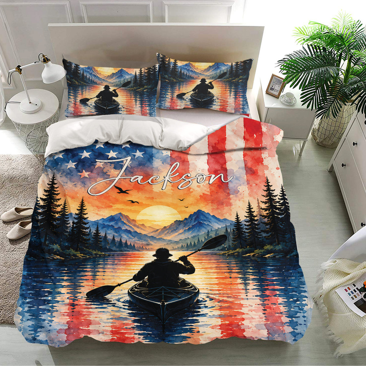 Kayak bedding set on a modern bed featuring a colorful sunset lake scene and matching paddler pillowcases