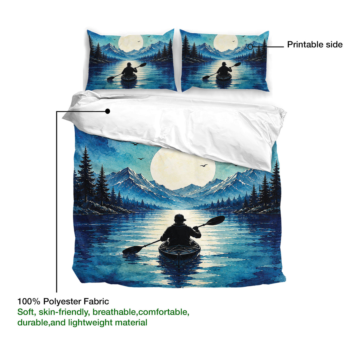 Kayak bedding set shown with a printable mountain lake design and lightweight polyester duvet cover fabric