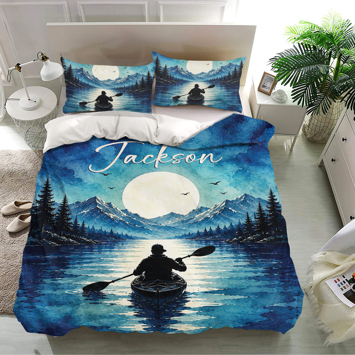 Kayak duvet cover bedding set styled in a bright bedroom with matching lake and mountain pillowcases