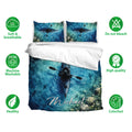 Kayak duvet cover bedding set with blue water artwork, matching pillows, and fabric care feature icons