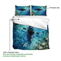 Kayak bedding set shown with printable artwork and soft blue watercolor design across the duvet cover