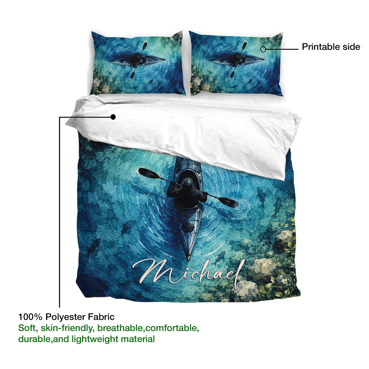 Kayak bedding set shown with printable artwork and soft blue watercolor design across the duvet cover
