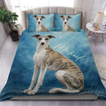 Whippet duvet cover set displayed on a bed with blue watercolor artwork and Custom lettering