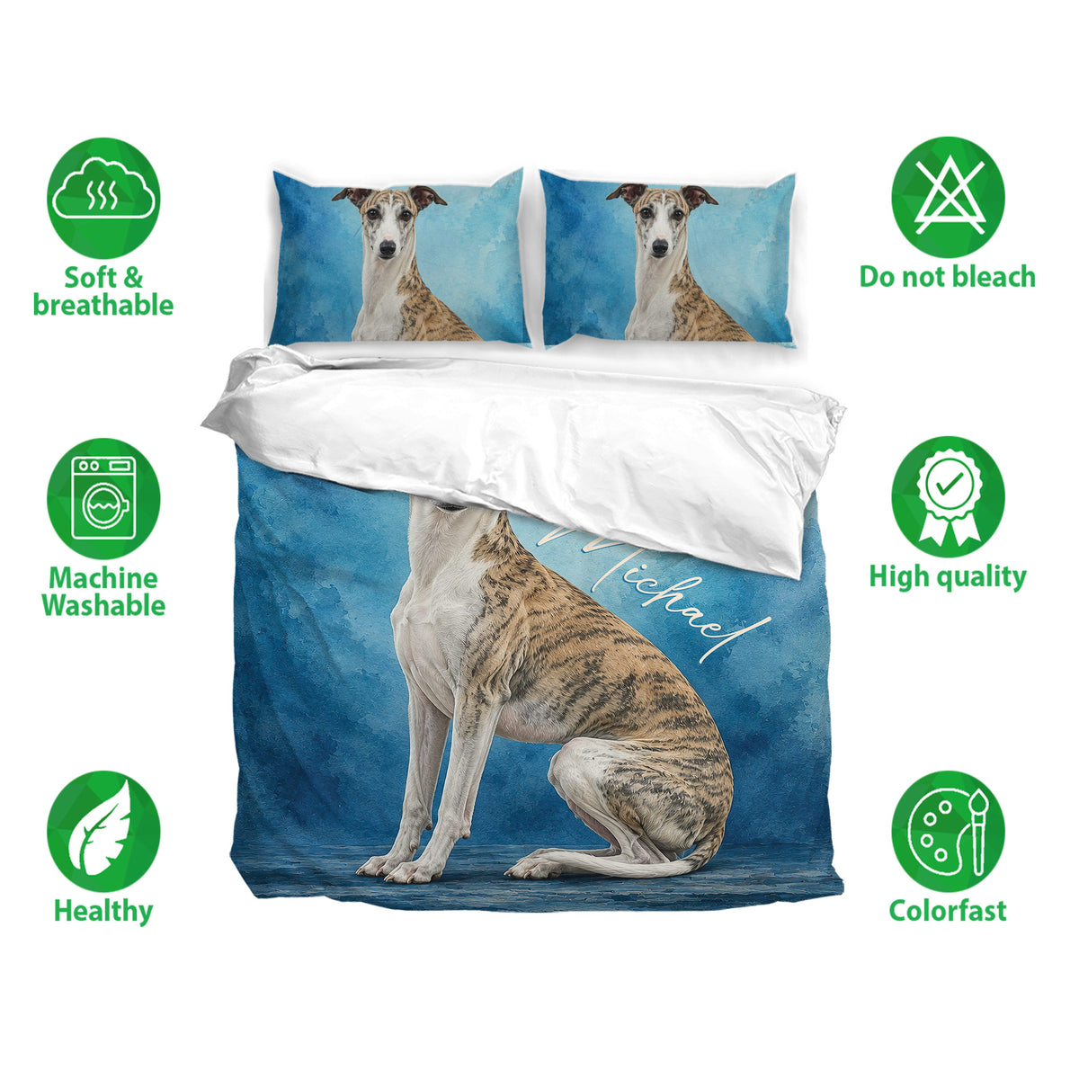 Whippet bedding set with blue watercolor artwork shown with soft breathable fabric and care icons