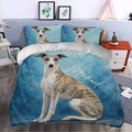 Whippet duvet cover set styled in a modern bedroom with blue watercolor dog artwork